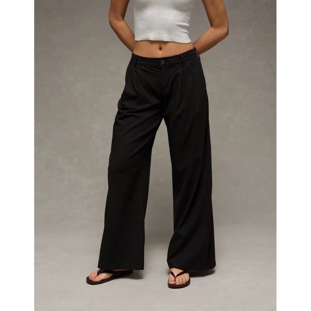 American Eagle Trousers Womens 10 Black Wide Leg Pleated Linen Blend Stretch EUC